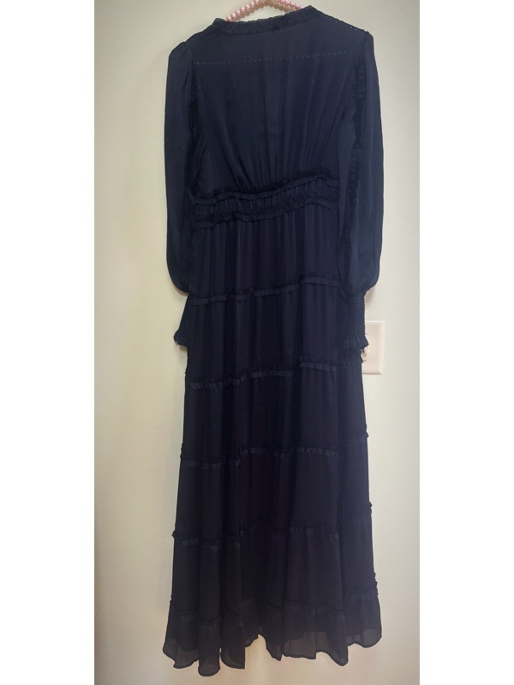 Plisse Satin Ruffle V-Neck Smocked Cuff Sleeve Tiered Maxi Dress - Picture 8 of 9